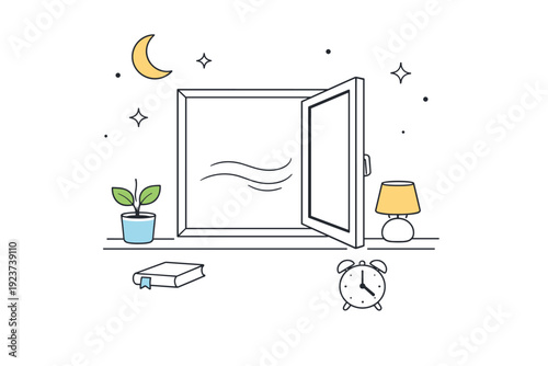 Night air pause. A minimal composition centered on a slightly open window, no movement except implied breeze. Peaceful mood emphasizing