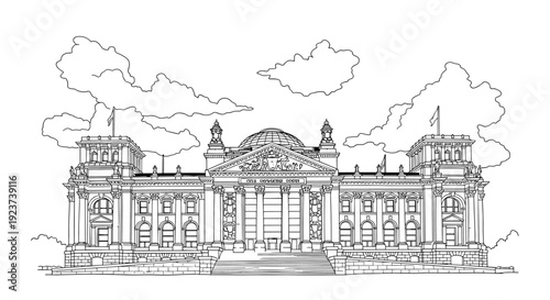 Detailed linear outline of historic berlin building with cloudy sky background