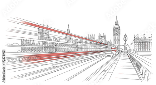 Linear cityscape with london landmarks and motion lines