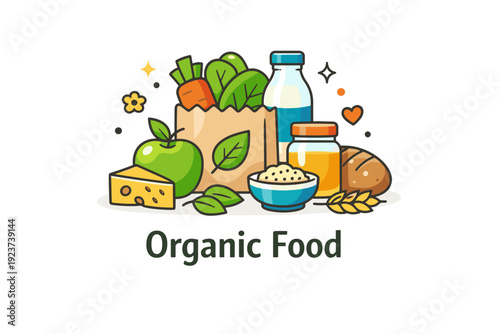 Organic food concept natural groceries displayed in a clean and friendly composition, communicating purity, eco values and modern healthy