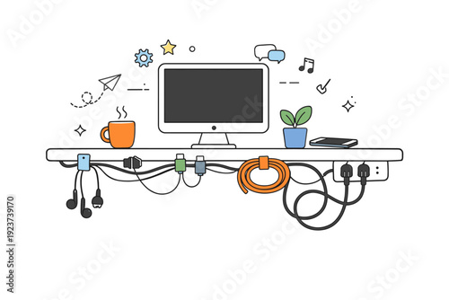 Casual cable management. A workspace shows an effort to organize cords with clips and wraps, but a few cables still loop loosely. The mood is relatable,