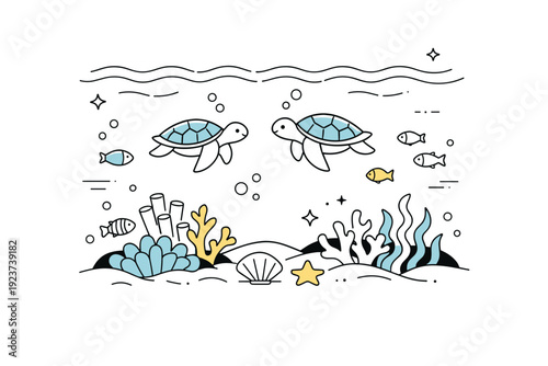 Underwater ecosystem. Coral reef with fish, sea turtles, and gentle waves, subtle abstract bubbles and motion lines floating, vibrant and calm ocean scene.