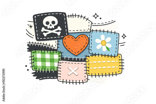 DIY patches close-ups. Detail of worn fabric with multiple overlapping hand-sewn patches, soft stitching lines and gentle color variation. Visual story of