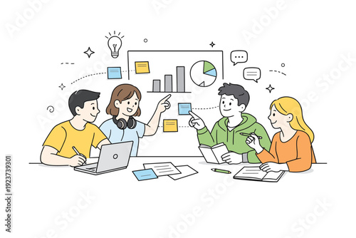 Collaborative learning. A small group of students working together on a shared project, pointing at charts and sticky notes, showing teamwork and knowledge