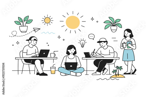 Coworking spaces with summer vibes. Abstract coworking scene with floating plants, sun shapes, and calm working figures. Light seasonal mood