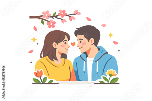 Springtime Glance. Spring love story quiet scene of a couple sharing a glance under falling petals, conveying intimacy, warmth and the softness of early spring