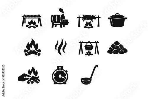 Rustic Cooking Methods. Solid icon set of Rustic Cooking Methods: campfire grill, smoking barrel, roasting spit, cast iron pot, wood fire,