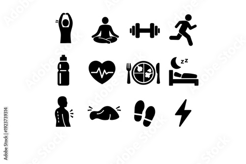Physical Self-care. Solid icon set of physical self-care: stretching arms, yoga pose, dumbbell, running person, water bottle, healthy heart,