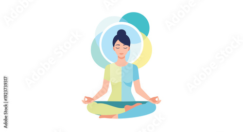 Serene illustration of a woman meditating in a cross-legged lotus position surrounded by soft blue and yellow circular auras on a pure white background, Generative AI.