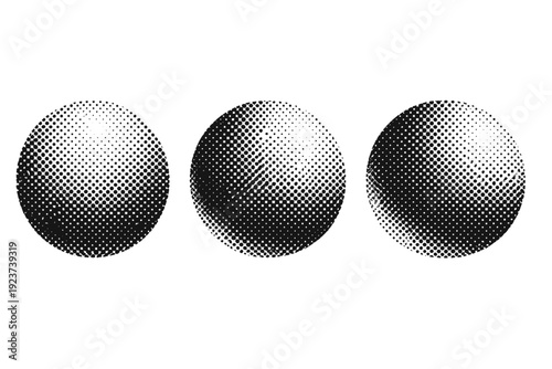 Print-style halftone dot texture. A single print-style halftone dot texture shown in three views: straight-on view, slight tilt view, and three-quarter view,