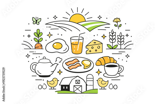 Spring holiday farmers breakfast ? Abstract farm breakfast concept. Simplified icons of food, sun, and fields arranged symmetrically, symbolic spring harvest