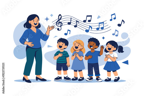 Teaching singing to children. Music teacher leading a small group of kids singing together,