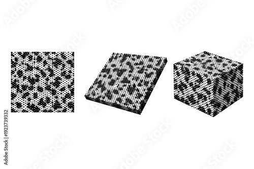 Black white organic dot noise pattern. An organic dot noise pattern tile is displayed in three views: flat top view, side-angled view, and
