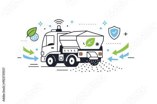 Smart salt dispenser truck. An automated vehicle dispersing eco-friendly de-icing material evenly, abstract arrows and stars showing tech and