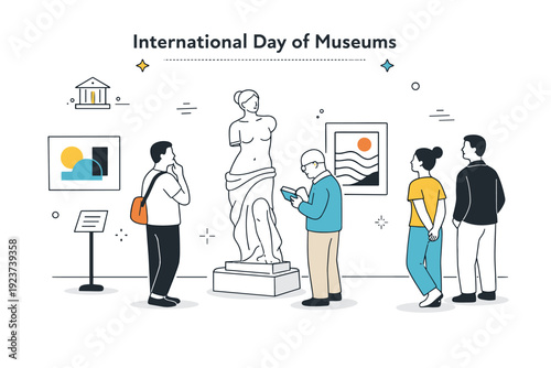International Day of Museums. Calm editorial scene showing visitors thoughtfully exploring a modern museum space with framed artworks and sculptures.