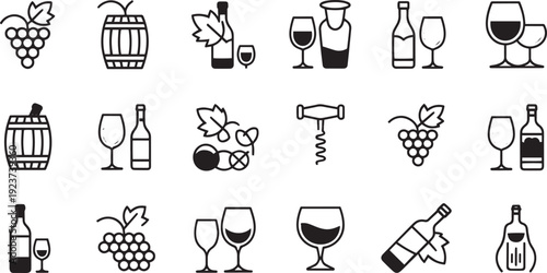 Collection of wine and grape related icons isolated on transparent background