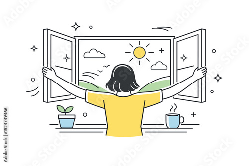 Seasonal mood lift visuals. Someone opening a window wide, letting in fresh air and light. A quiet moment of renewal and positive shift in