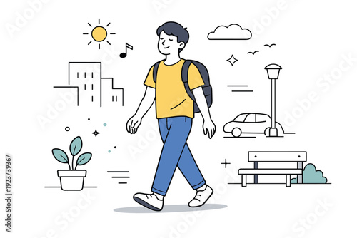 Mindful Urban Walk. Mindful walking commute. A person walking through a city street with a relaxed posture, no headphones or phone visible, enjoying the urban