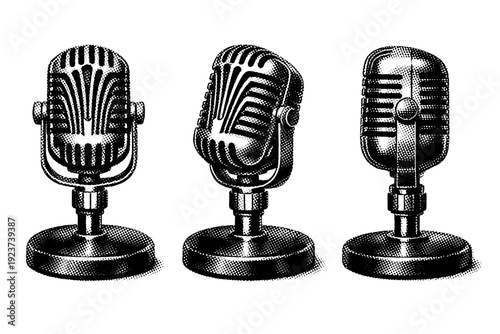 Microphone vintage desk-mounted microphone with art deco inspired grille, compact body, and weighted base, displayed in front elevation,