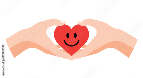 Warm illustration of two human hands gently forming a loving heart shape around a vibrant red heart with a cheerful smiley face inside, Generative AI.
