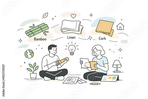 Eco-friendly interior concept. Designers selecting natural materials like bamboo, linen and cork, thoughtful process of sustainable design