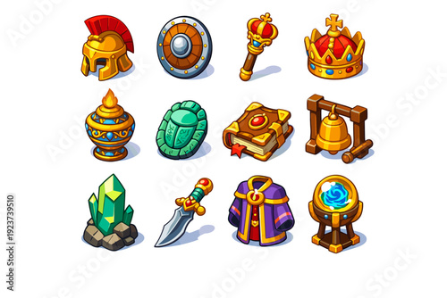 Historical Artifacts. Colorful isometric vector icons set of Historical Artifacts: ancient helmet, warrior shield, royal scepter, medieval crown, sacred urn,