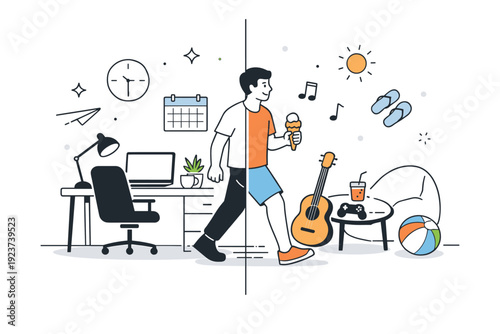 Work-life boundary transitions at home. Split scene showing a home desk on one side and leisure activities on the other, with a person