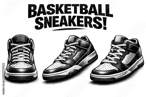 Dynamic Sneaker Trio. Basketball sneaker poster. A graphic basketball sneaker poster with dynamic shoe composition and headline text is shown from three