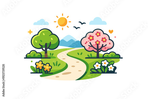Casual walk in spring park simple path surrounded by fresh greenery and blossoms, reflecting slow living, clarity and seasonal joy.