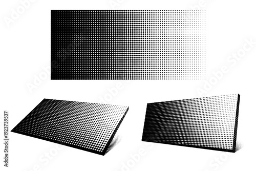 Minimal halftone packaging pattern gradient dots A subtle gradient dot pattern is shown as a single object from three different views: flat