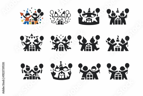 Children having fun at birthday parties. Icon set. Set Logo of Children having fun at birthday parties: party games toys. harmonious logo variations of the