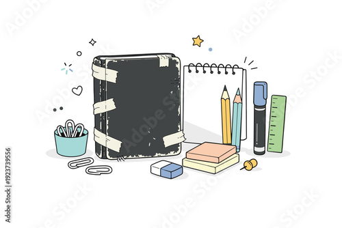 Things not replaced. Tape-covered notebook with frayed edges resting among new stationery. Long-term use and quiet appreciation of