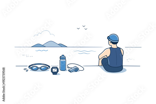 Minimal open-water prep scene. A wide composition with water, a swimmer, and a few essential items placed thoughtfully. Space, stillness, and
