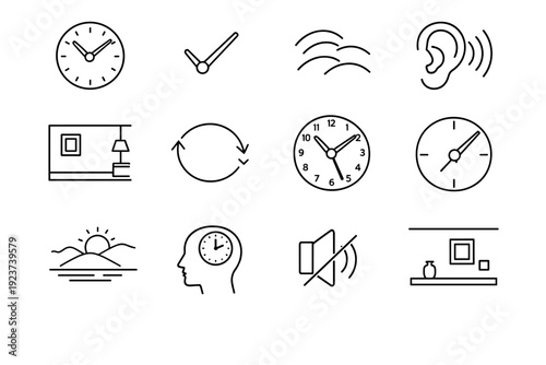 Listening to the ticking of a clock. Line icon set of listening to the ticking of a clock: wall clock, clock hands, ticking sound waves, ear listening icon,