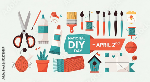 National diy day april 2nd colorful illustration with tools and crafting supplies for handmade projects and home improvement