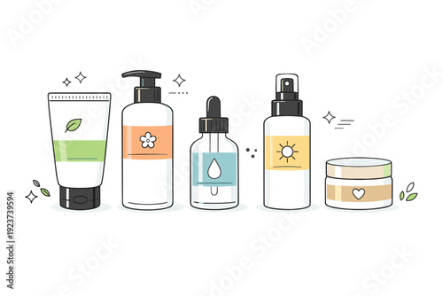 Minimal natural beauty mockup set. Several cosmetic containers in different shapes displayed side by side. Clean comparison-ready layout and