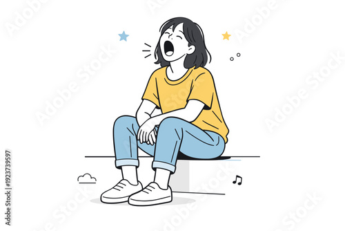 Authentic Yawn Illustration. People yawning unposed. A person sits on a step or chair yawning freely, arms relaxed, no attempt to hide tiredness. Authentic