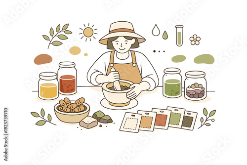 Natural dye art process. A person preparing natural dyes from plants or minerals, with glass jars and swatches nearby. Calm experimental art scene with