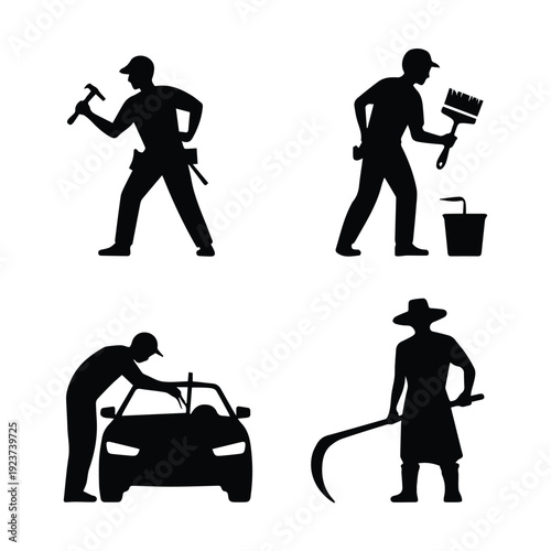 A set of four black silhouette icons depicting various occupations and activities