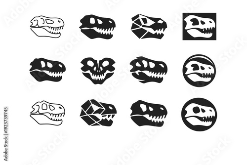 Fossil Hunting Icons. Paleontological tourism and fossil hunting. Icon set. Set Logo of Paleontological tourism and fossil hunting: fossilized dinosaur skull.