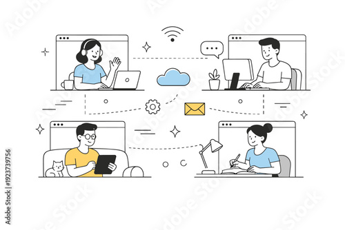 Remote work people at home. Abstract scene of remote workers connected through screens from their homes. Clear visual metaphor for distributed teams and