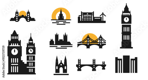 Iconic london landmarks set in minimalist black and yellow design