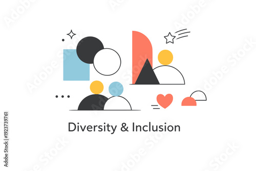 Diversity and inclusion. Abstract editorial composition with varied shapes and colors harmoniously arranged, visual metaphor for difference,