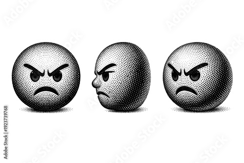 Angry emoji face icon represented as one standalone object shown in straight-on view, profile view, and three-quarter angled view emphasizing