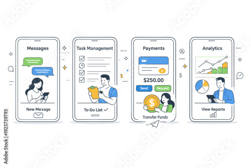 App features overview. Multiple simplified phone screens floating side by side, each highlighting a different function like messages, tasks,