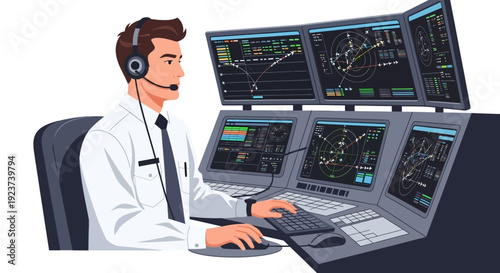 Man in lab coat working on computer.