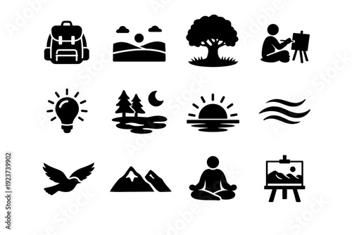 Creative Outdoor Session. Solid icon set of Creative Outdoor Session: artist backpack, open field view, shaded tree spot, sitting painter,