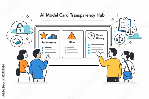 AI model card transparency hub. A large digital screen displaying several model cards with icons for performance, risks, and version history,