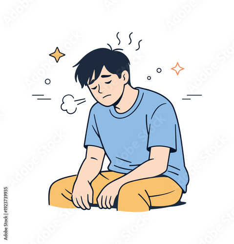 Young man sitting down, looking exhausted and tired with steam coming from his head