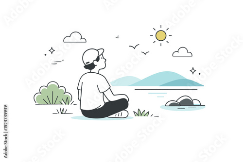Observing surroundings outdoors. A person sits or stands quietly, eyes scanning nature or open space. Calm connection to environment and